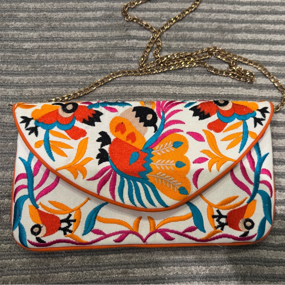 Lamani San Francisco Hand Embroidered Bird Envelope Clutch w/ Chain